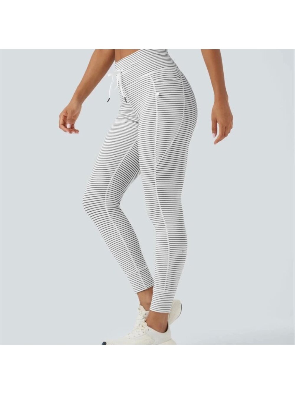 Halara High-Waisted Striped Full-Length Leggings With Drawstring & Pockets - Whi